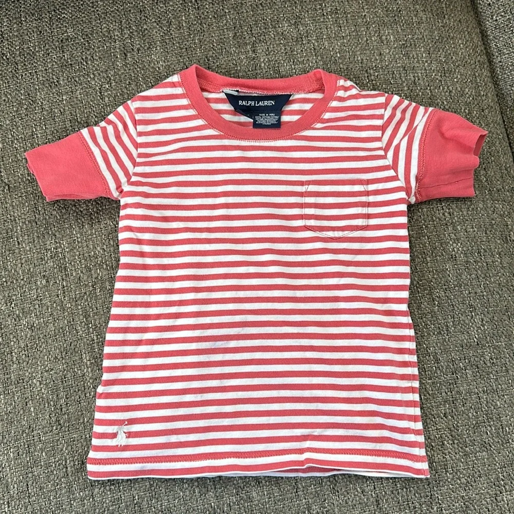 Ralph Lauren Girls 3 3T Coral and White Striped 100% Cotton Short Sleeve T-Shirt